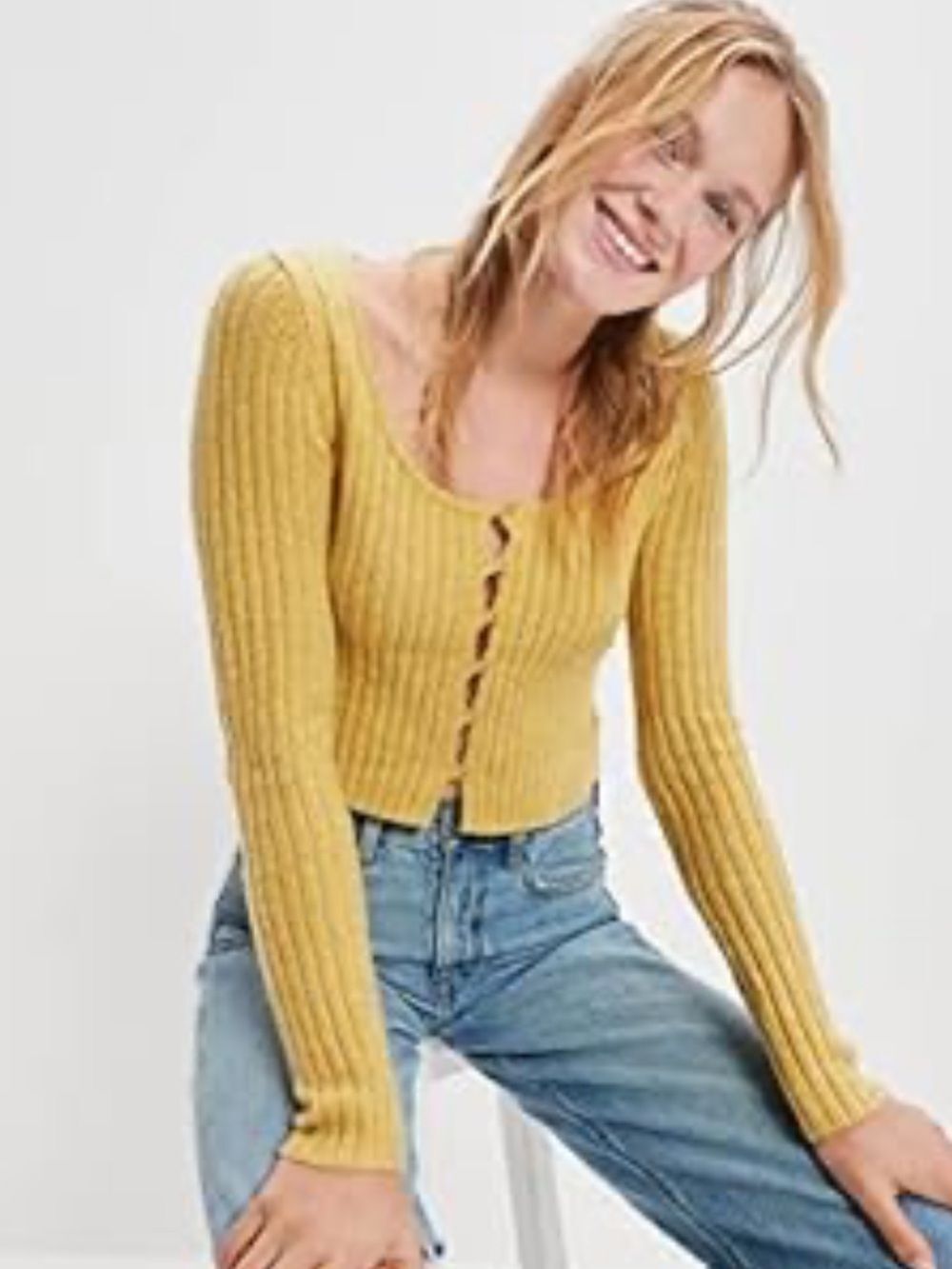 AE American eagle Button-Front Cozy Cropped Cardigan Butter Yellow XXS